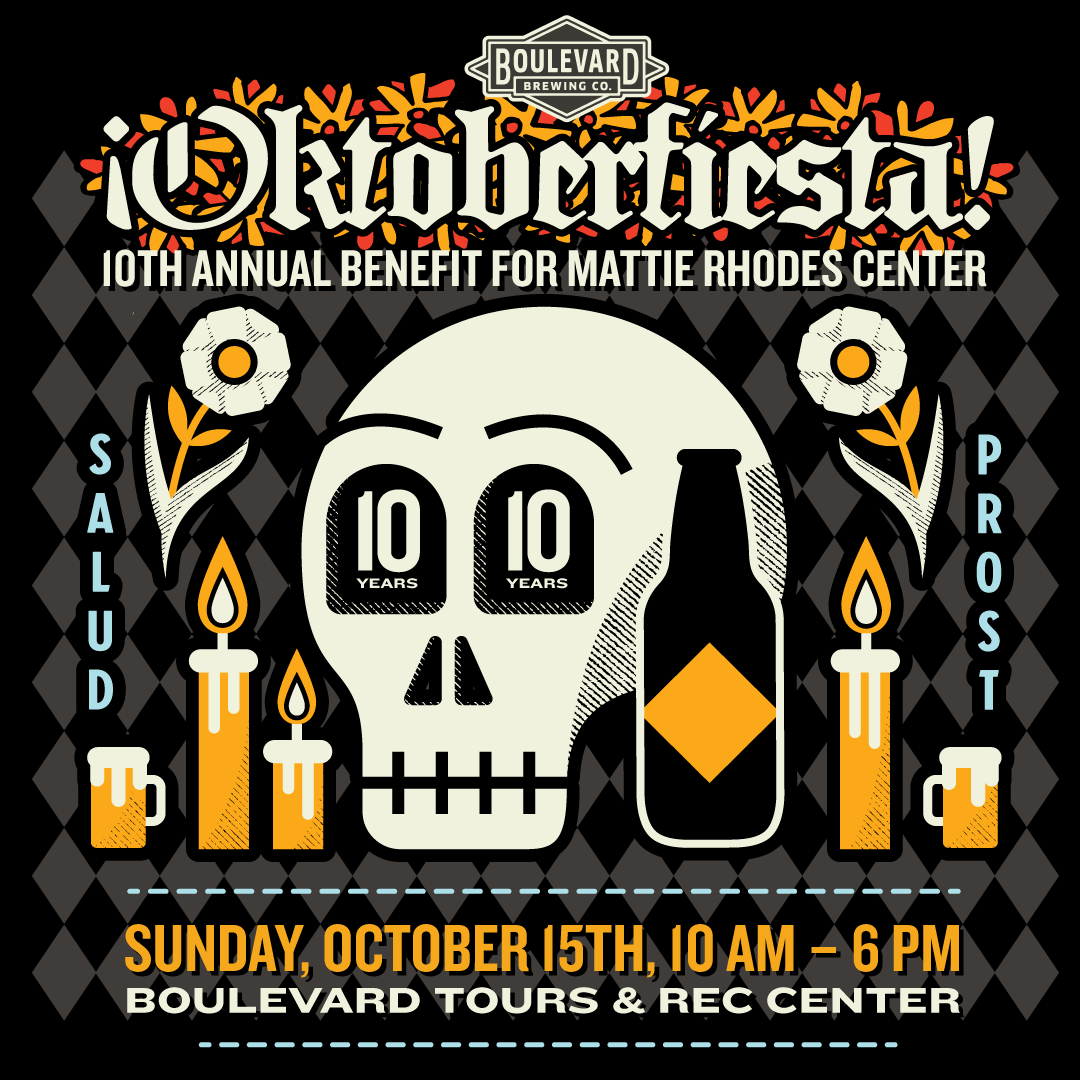 A festive poster for "Oktobertfest!" event benefiting the Mattie Rhodes Center. It features a decorative skull surrounded by candles and flowers, with text detailing the date, time, and location: October 15th, 10 AM - 6 PM at Boulevard Tours & Rec Center.