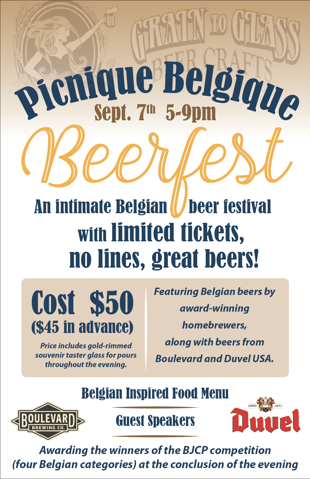 Flyer for "Picnique Belgique Beerfest" on Sept. 7th, 5-9pm. An intimate event with limited tickets and no lines. Cost is $50, $45 in advance. Features Belgian beers, a gold-rimmed glass, Belgian-inspired food, guest speakers, and awards.