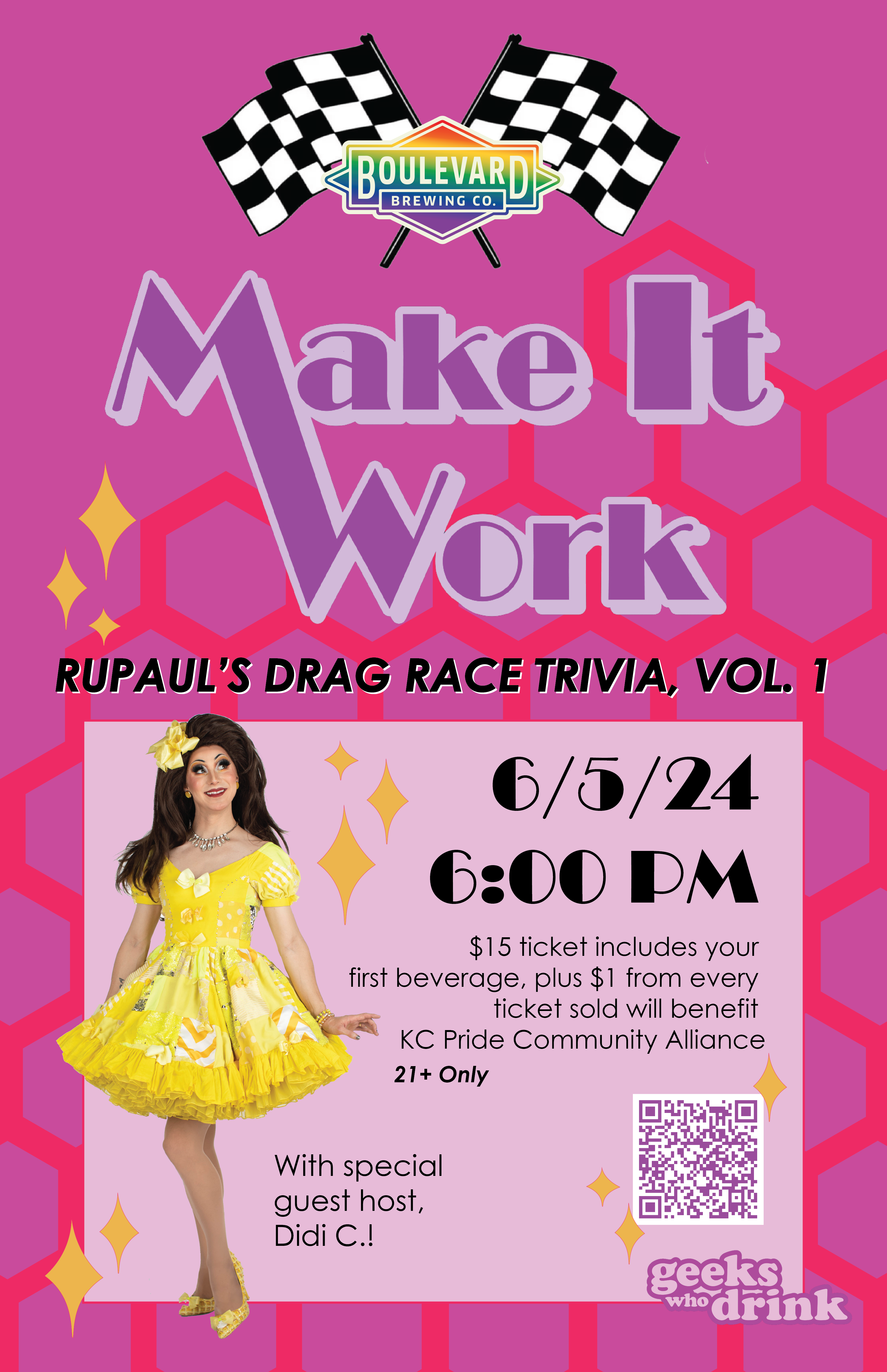 Flyer for "RuPaul's Drag Race Trivia, Vol. 1" at Boulevard Brewing Co. on 6/5/24 at 6:00 PM. Features checkered flags, and a person in a yellow costume. $15 entry includes first beverage and benefits KC Pride Community Alliance. Event is 21+ with guest Didi C. Hosted by Geeks Who Drink.