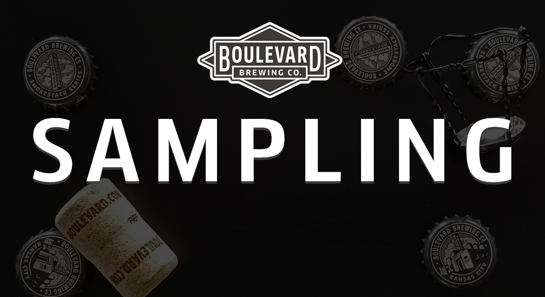 A promotional image featuring the Boulevard Brewing Co. logo with "SAMPLING" in bold white letters. Surrounding the text are bottle caps and a cork, set against a dark background.