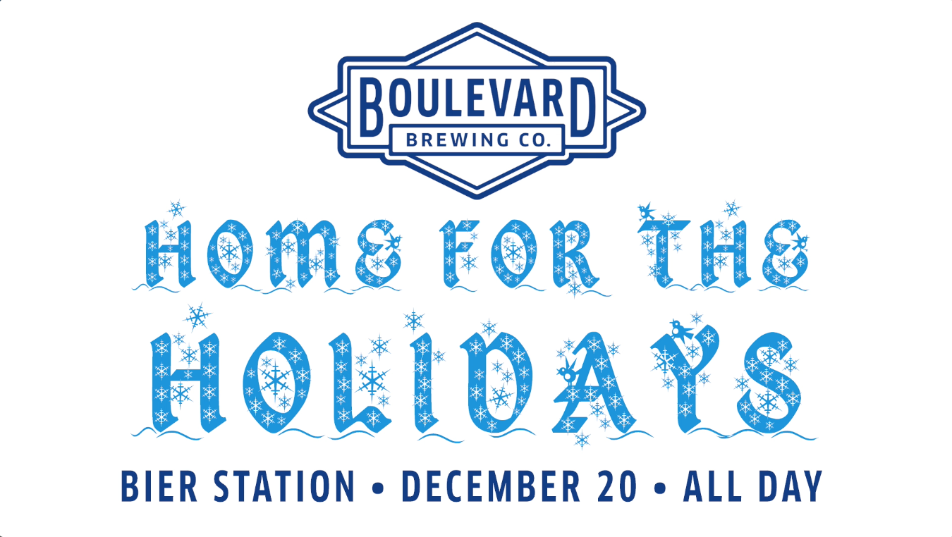 Boulevard Brewing Co. "Home for the Holidays" promotional graphic with a festive font, snowflake decorations, and event details: Bier Station, December 20, All Day.