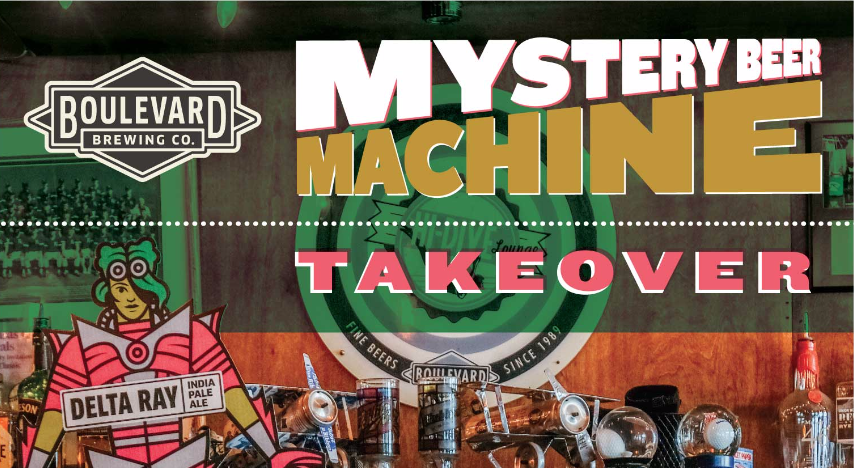 A retro-style poster promoting Boulevard Brewing Co.'s Mystery Beer Machine Takeover event. It features a robot labeled "Delta Ray" holding a beer and numerous beer bottles and glasses on a bar counter in the background.