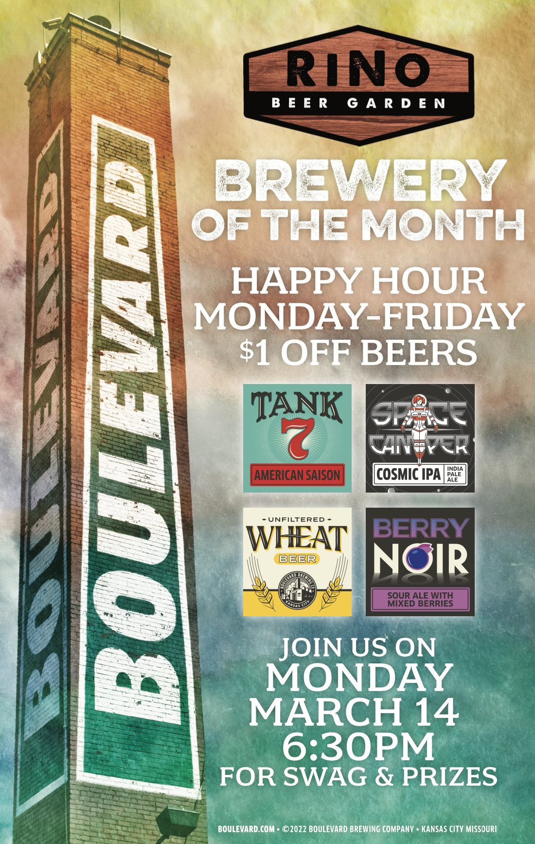 A colorful flyer for RINO Beer Garden's "Brewery of the Month." Features Boulevard Brewing Co.'s logo and beers: "Tank 7," "Space Camper," "Unfiltered Wheat," and "Berry Noir." Includes event details: Monday, March 14, 6:30 PM, with swag and prizes. $1 off beers, Mon-Fri Happy Hour.
