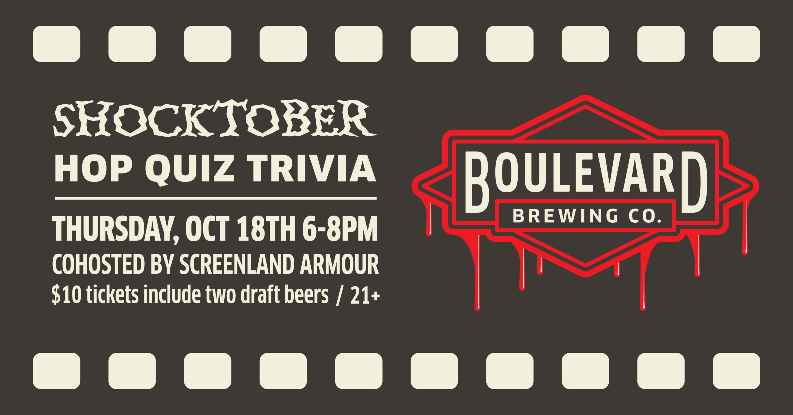 A film strip-themed flyer with "Shocktober Hop Quiz Trivia" at Boulevard Brewing Co. on Thursday, Oct 18th, 6-8 PM. Co-hosted by Screenland Armour. $10 tickets include two draft beers. Event is 21+.