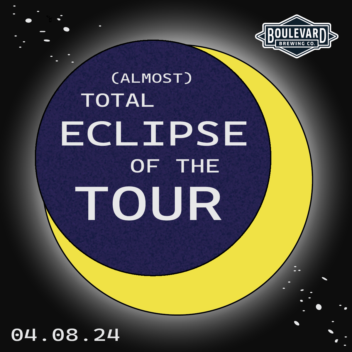 A promotional graphic for Boulevard Brewing Co. features a crescent moon surrounding a circular dark shape with the words "(Almost) Total Eclipse of the Tour" in the center. The date "04.08.24" is at the bottom. The background features small stars.
