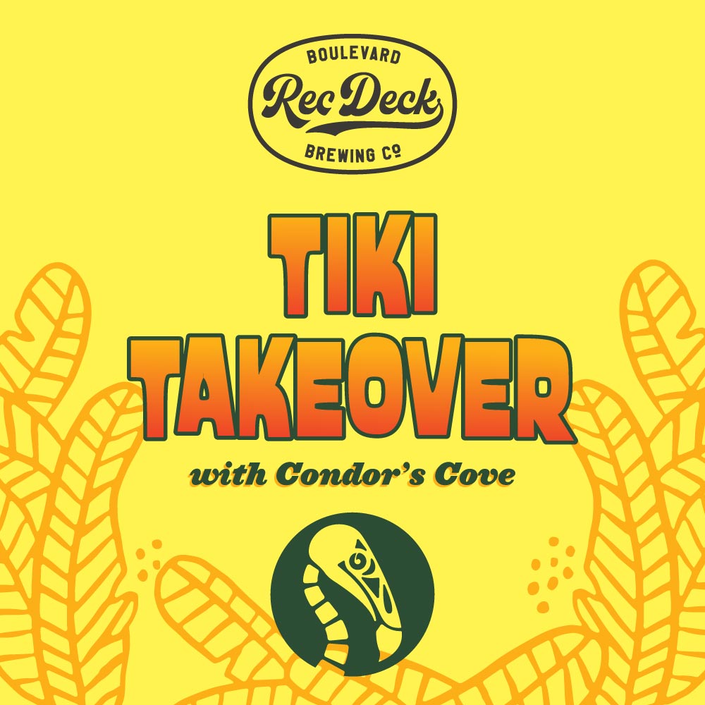 Bright yellow event poster for "Tiki Takeover with Condor's Cove" by Boulevard Rec Deck Brewing Co. Features a stylized illustration of a bird's head and tropical leaves in the background.