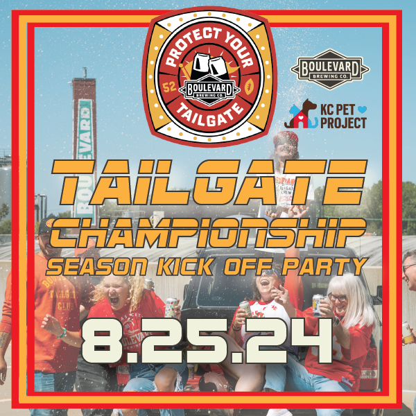 An advertisement for a "Tailgate Championship Season Kick Off Party" on August 25, 2024, sponsored by Boulevard Brewing Co. and benefiting KC Pet Project. It features people celebrating outdoors, all wearing red, with drinks in hand and a beer can being held up.