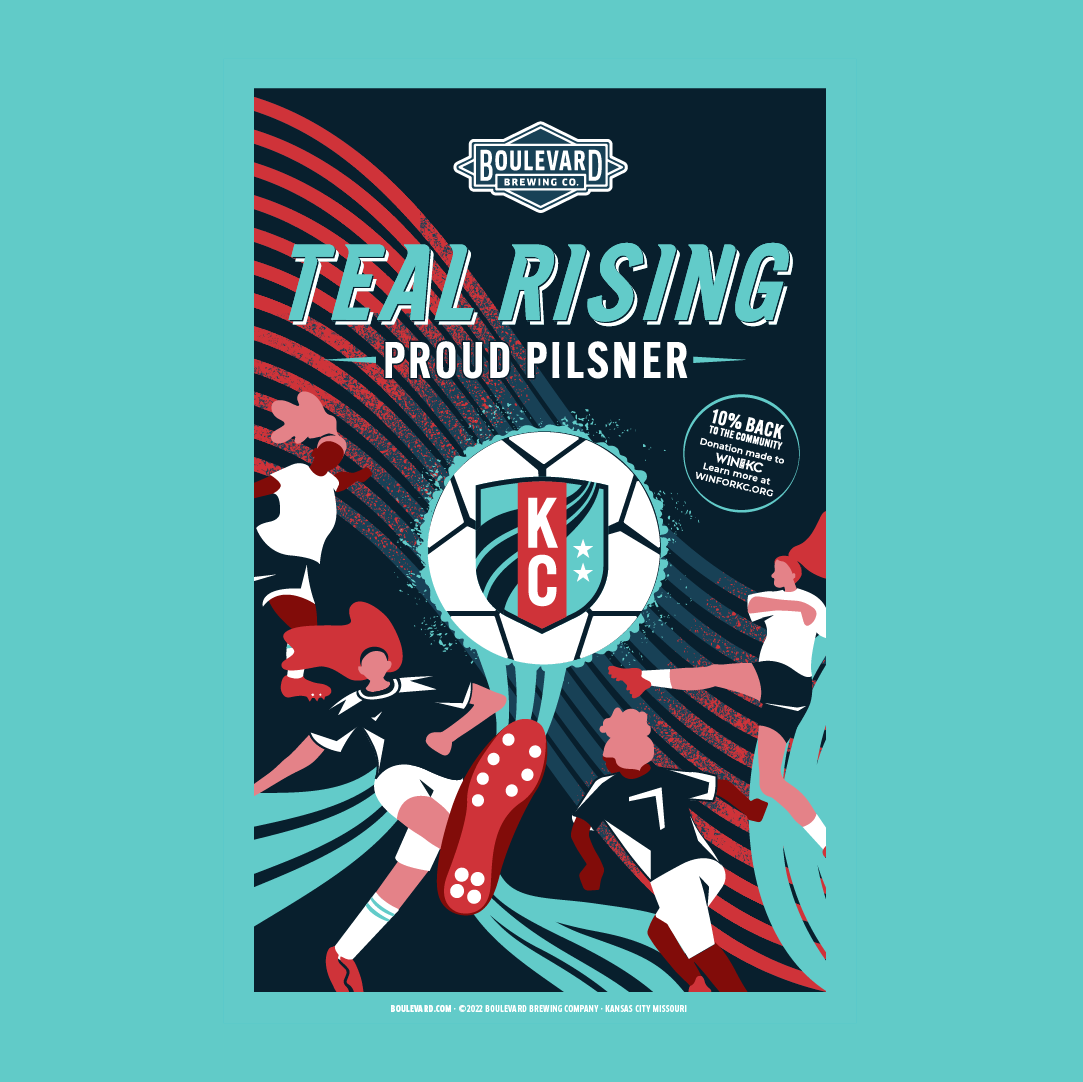A stylized soccer-themed promotional poster for Boulevard Brewing Co.'s Teal Rising Proud Pilsner. It features soccer players in action around a central soccer ball with "KC" on it. The background uses teal and red. Text mentions a 10% donation to LGBTQ+ services.