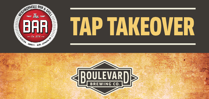 "Promotional graphic for a Tap Takeover event featuring The Neighborhood Bar & Grill and Boulevard Brewing Co.