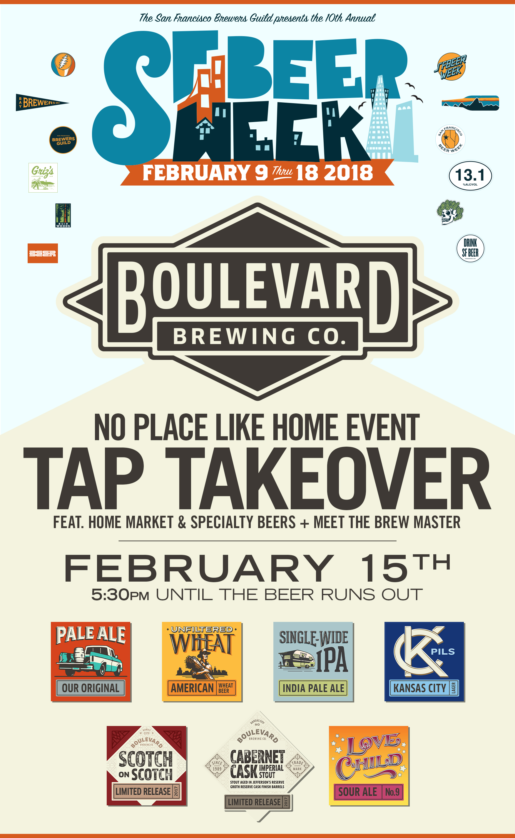 Promotional poster for a Boulevard Brewing Co. Tap Takeover event during San Francisco Beer Week, February 9-18, 2018. The event on February 15th features specialty beers and a meet-the-brewmaster session, starting at 5:30 PM.