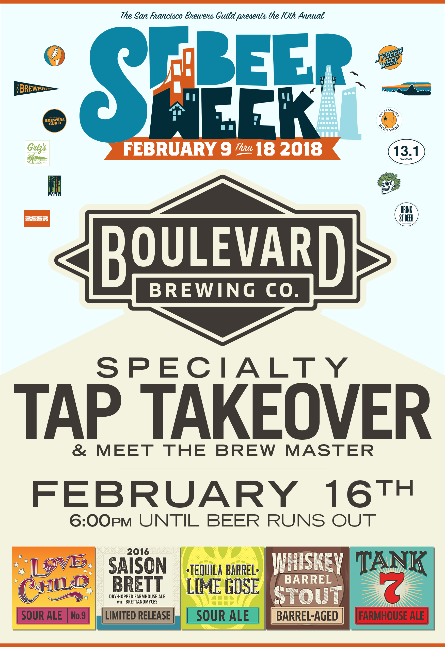 Promotional poster for San Francisco Beer Week 2018 featuring Boulevard Brewing Co.'s Tap Takeover event on February 16th at 6:00 PM. Includes colorful logos for various beer types like Saison Brett and Tequila Barrel Lime Gose.