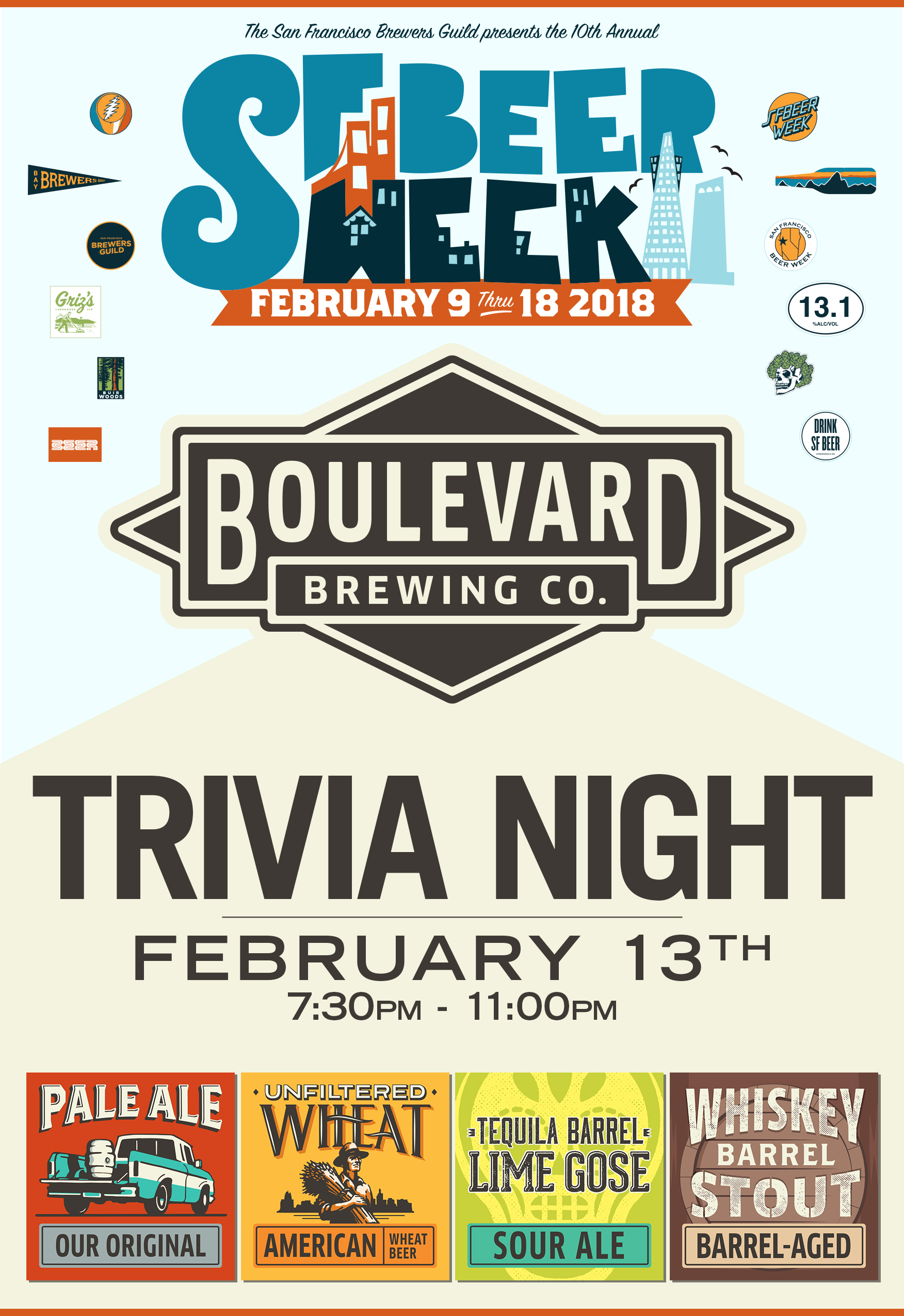 A poster for "Trivia Night" by Boulevard Brewing Co. during SF Beer Week, February 9-18, 2018. Event date: February 13th, 7:30-11:00 PM. Featured beers include Pale Ale, Unfiltered Wheat, Tequila Barrel Lime Gose, and Whiskey Barrel Stout.