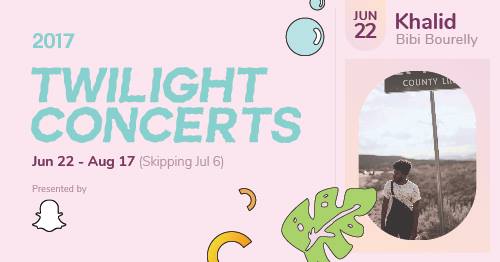 Poster for 2017 Twilight Concerts featuring Khalid and Bibi Bourelly on June 22. Show dates are June 22 to August 17, skipping July 6. Design includes a photo of a person outdoors and colorful graphic elements. Presented by Snapchat.