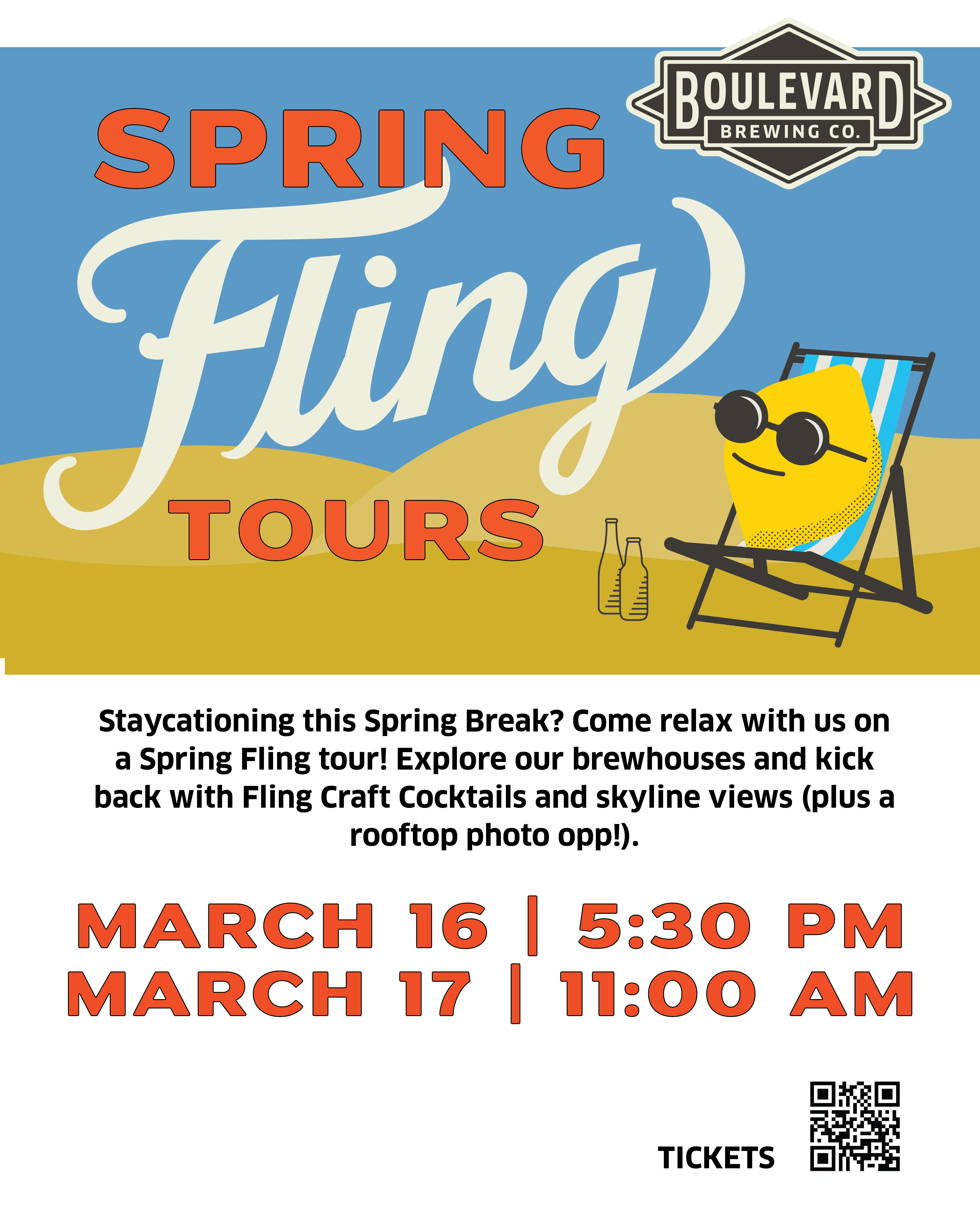 A colorful flyer for Boulevard Brewing Co.'s "Spring Fling Tours." It features a sun illustration lounging with sunglasses and a drink. Event dates are March 16 at 5:30 PM and March 17 at 11:00 AM. The flyer mentions brewhouse tours, craft cocktails, and skyline views.