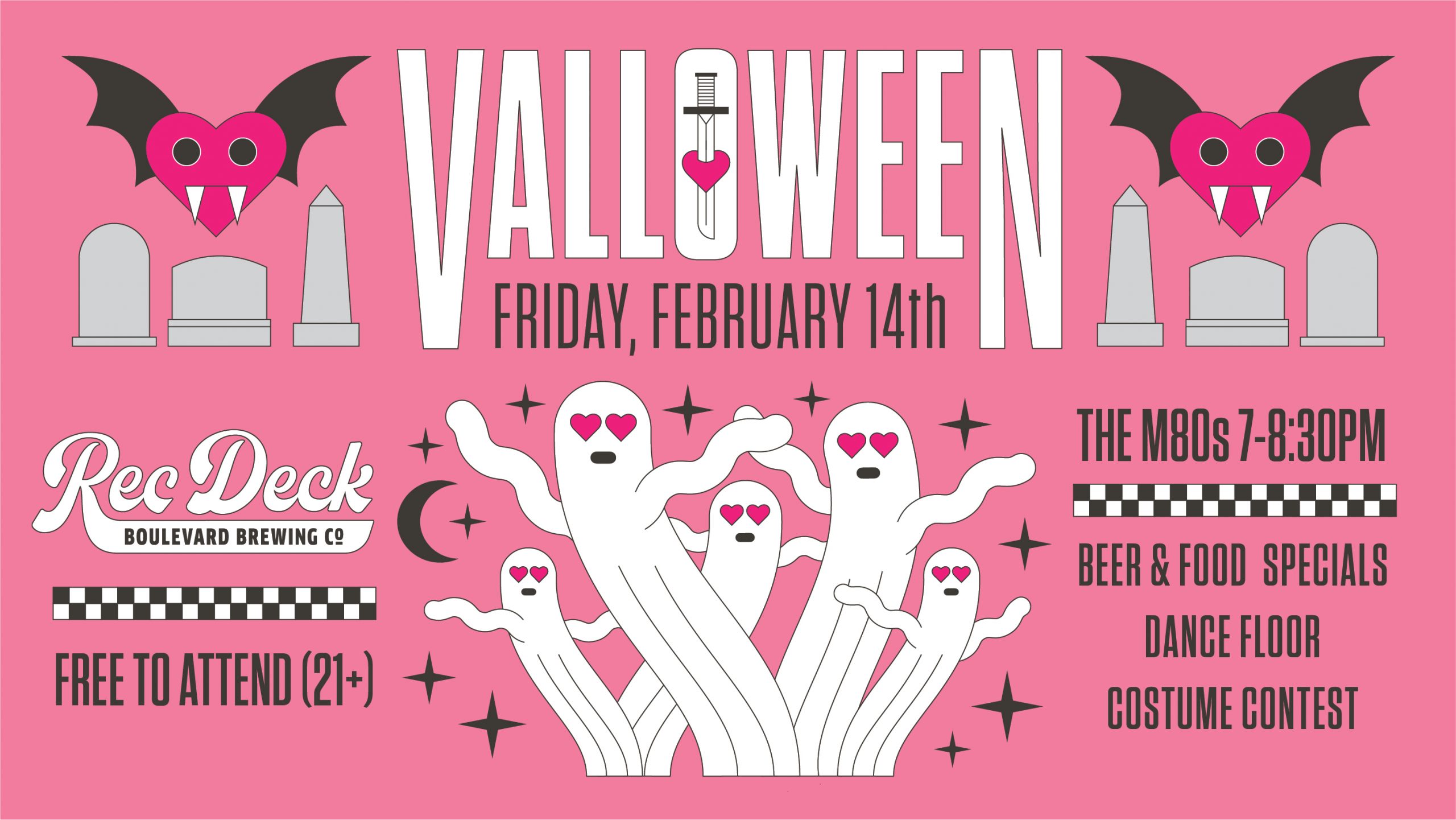 A poster for a Valloween event on Friday, February 14th at Rec Deck, Boulevard Brewing Co. It features bats, gravestones, and ghosts with heart-shaped eyes. The M80s perform from 7-8:30 PM. Event includes beer & food specials, dance floor, and a costume contest. 21+ free entry.