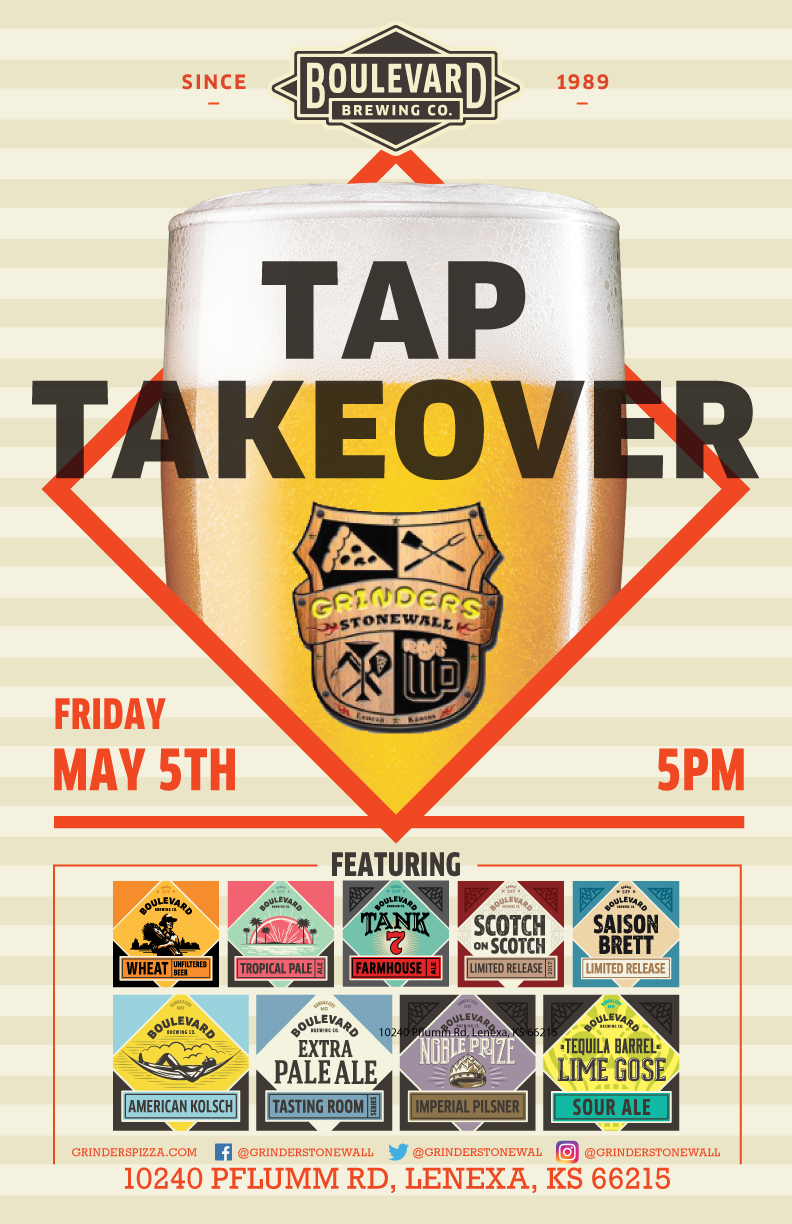 A poster for a tap takeover event by Boulevard Brewing Co. featuring Grinders Stonewall and 3rd Line Brewing logos. Scheduled for Friday, May 5th at 5 PM in Lenexa, KS. Includes a variety of craft beer selections and address details.