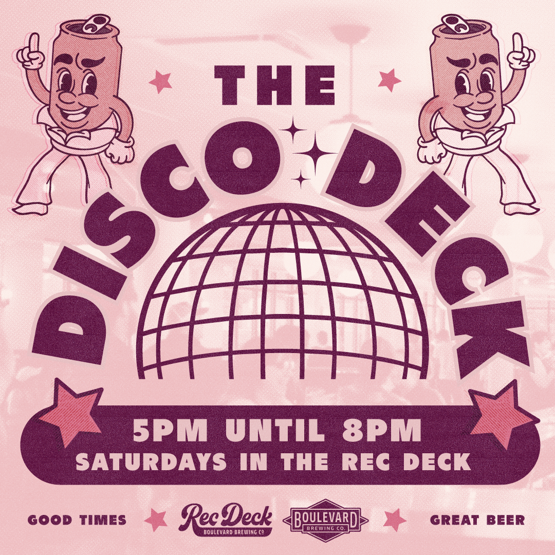 Poster for "The Disco Deck" event featuring dancing cartoon burritos at the top corners with a disco ball in the center. Event details: 5 PM until 8 PM, Saturdays in the Rec Deck. Promotes "Good Times" and "Great Beer" by Rec Deck and Boulevard Brewing Co.