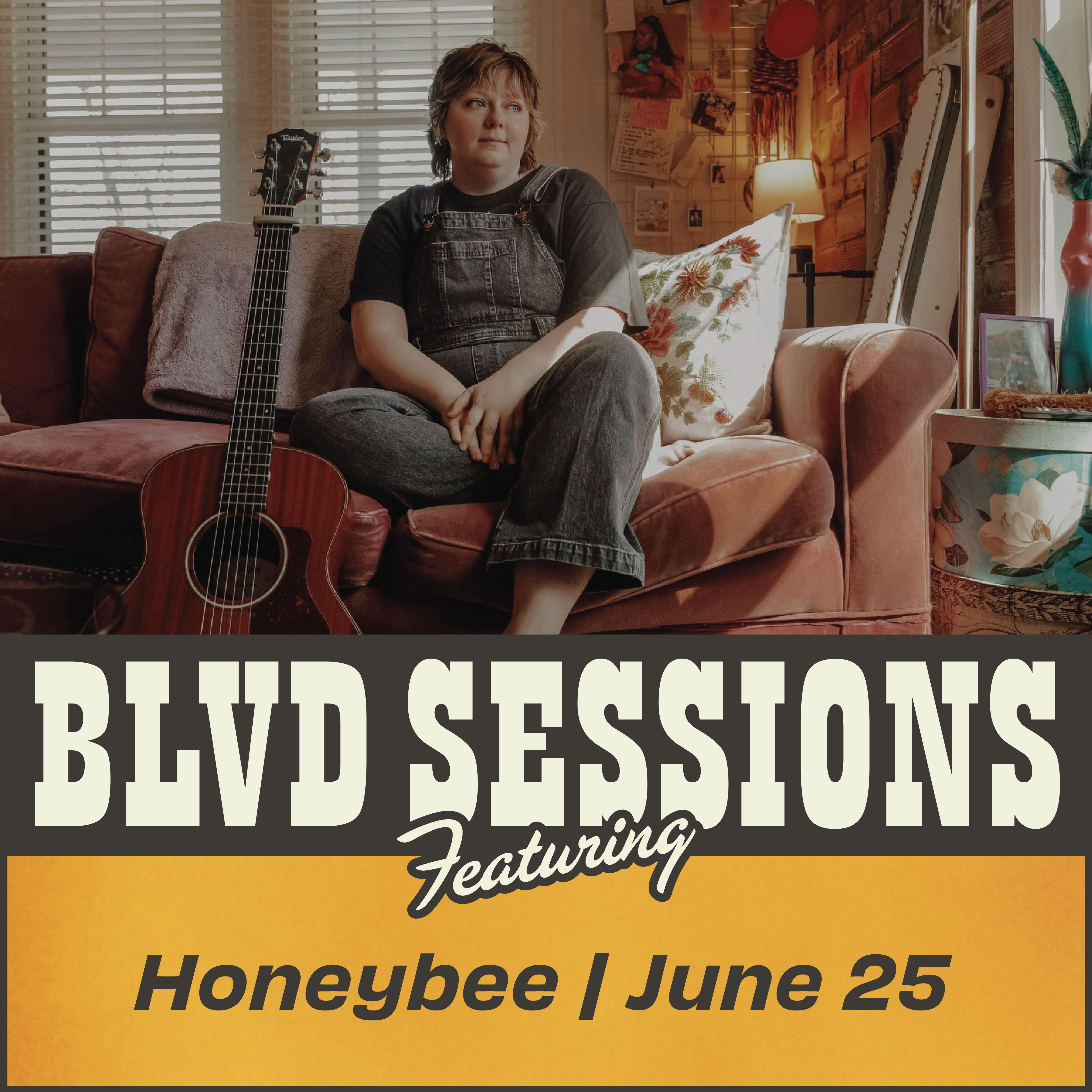 A person sits on a pink couch next to an acoustic guitar in a cozy room with various decorations. The text below reads, "BLVD SESSIONS Featuring Honeybee | June 25.”.