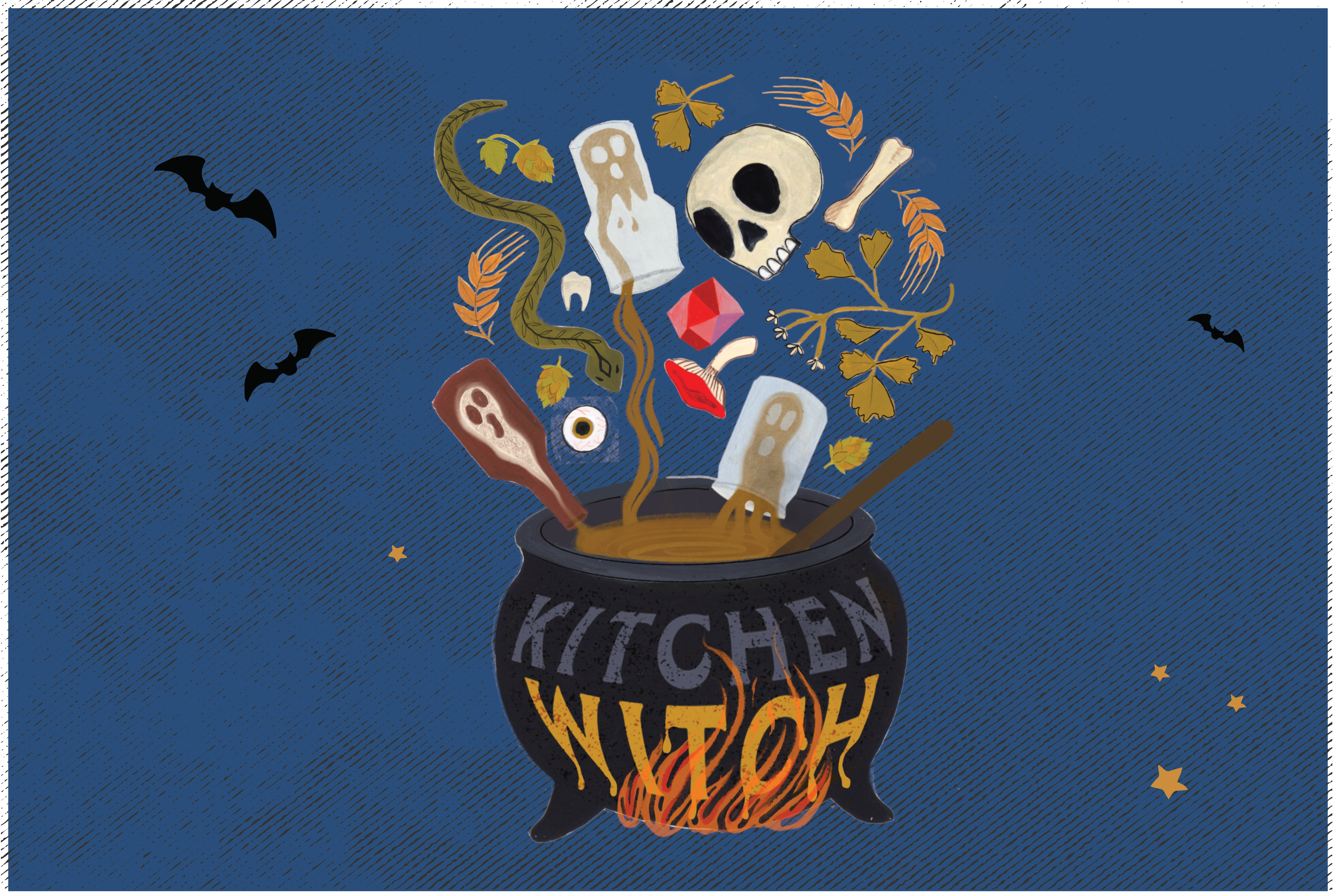 A cauldron labeled "Kitchen Witch" emits ghostly apparitions, a skull, a snake, a red gem, and other spooky items. The pot is on fire, and bats and stars decorate the dark blue background. A wooden spoon is stirring the cauldron’s contents.