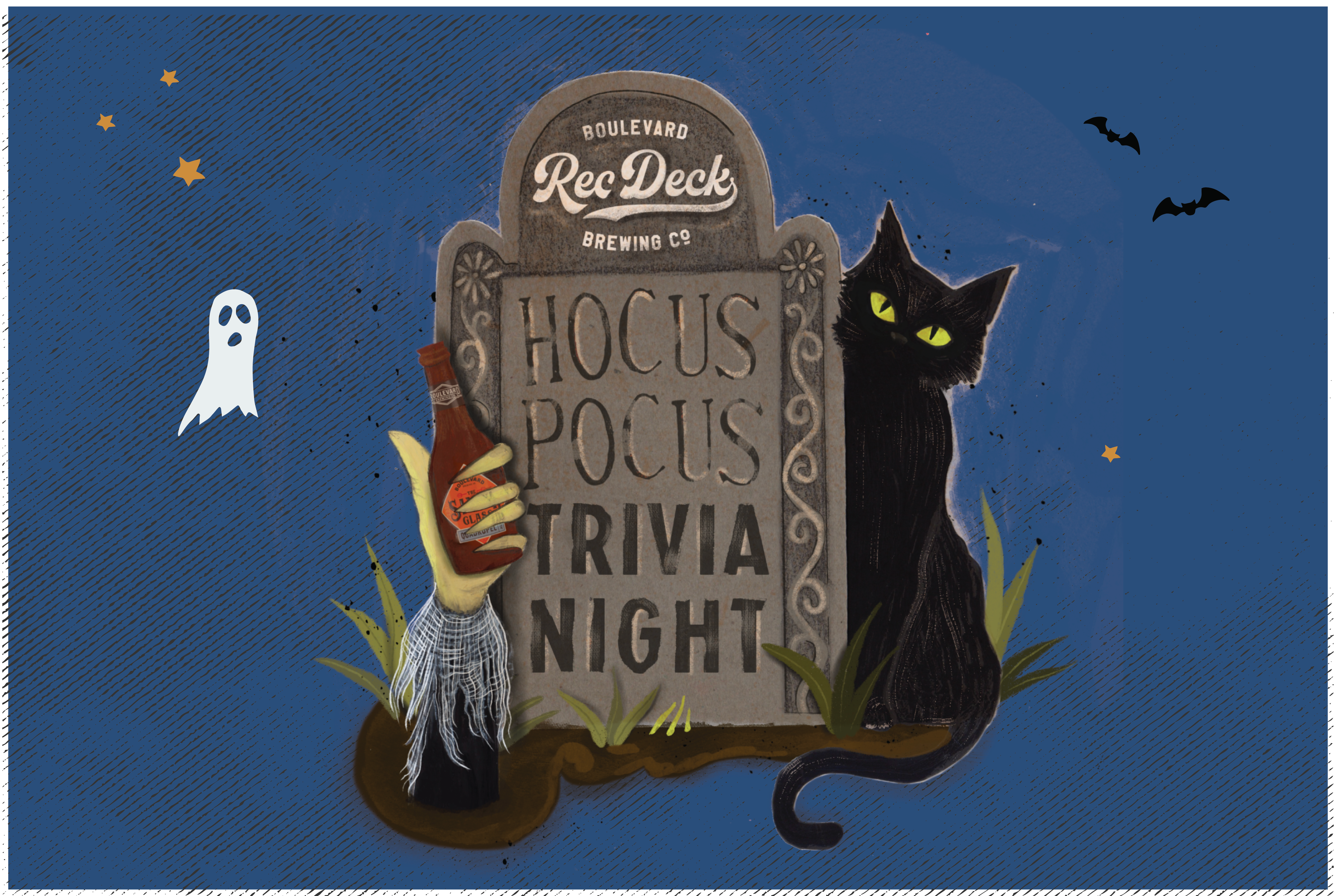 An illustrated poster for "Hocus Pocus Trivia Night" featuring a tombstone with event details, a black cat, a green witch's hand holding a bottle, and Halloween elements like a ghost and bats against a blue background.
