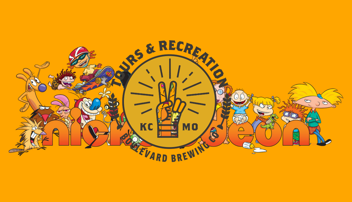 An illustration featuring animated characters from various shows, with a logo in the center that displays a hand gesture and the text "Tours & Recreation KC MO Boulevard Brewing Co" on an orange background.