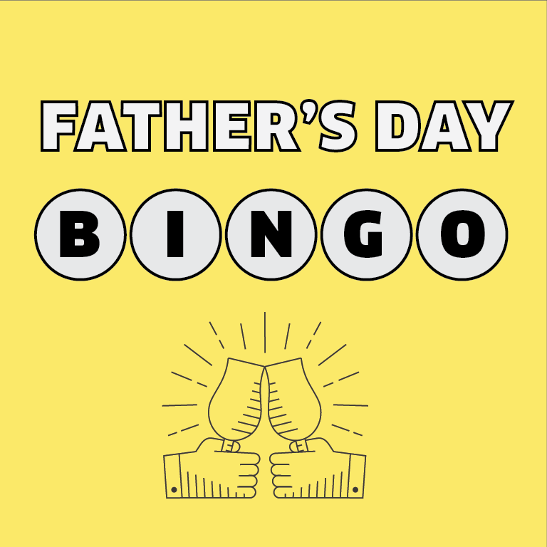 Yellow background with bold white and black text reading, "Father's Day BINGO." Below the text are two illustrated hands clinking beer mugs, with lines radiating out to indicate a celebratory cheers.