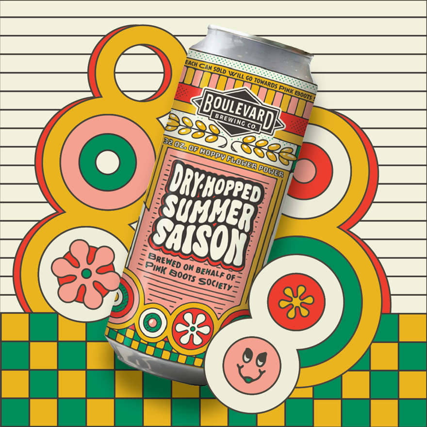 A can of Boulevard Brewing Co.'s Dry-Hopped Summer Saison featuring bold, colorful designs with flowers and geometric patterns in the background. Text emphasizes contributions to the Pink Boots Society. The can is positioned diagonally amidst vibrant circular shapes.