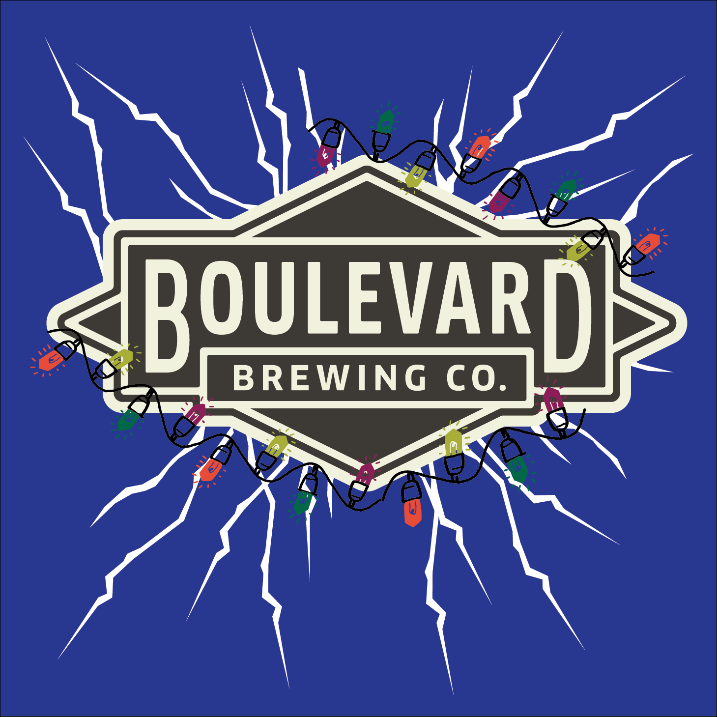 Logo of Boulevard Brewing Co. on a blue background with decorative lightning bolts and colorful string lights wrapped around the logo. The logo features a diamond shape with "Boulevard Brewing Co." written in the center.