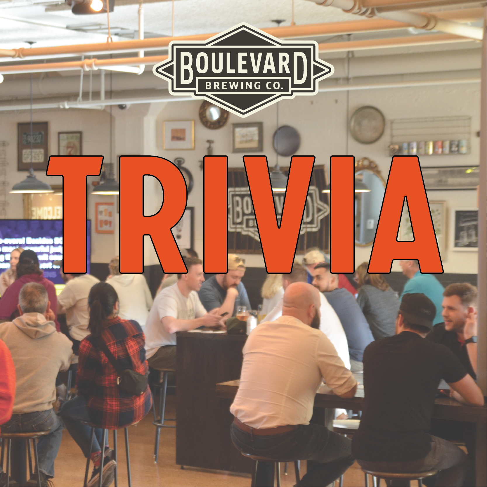 A crowded bar scene at Boulevard Brewing Co. features patrons seated at tables engaged in conversation. The word "TRIVIA" is prominently displayed in bold red letters in the center of the image. The bar's logo is seen at the top.