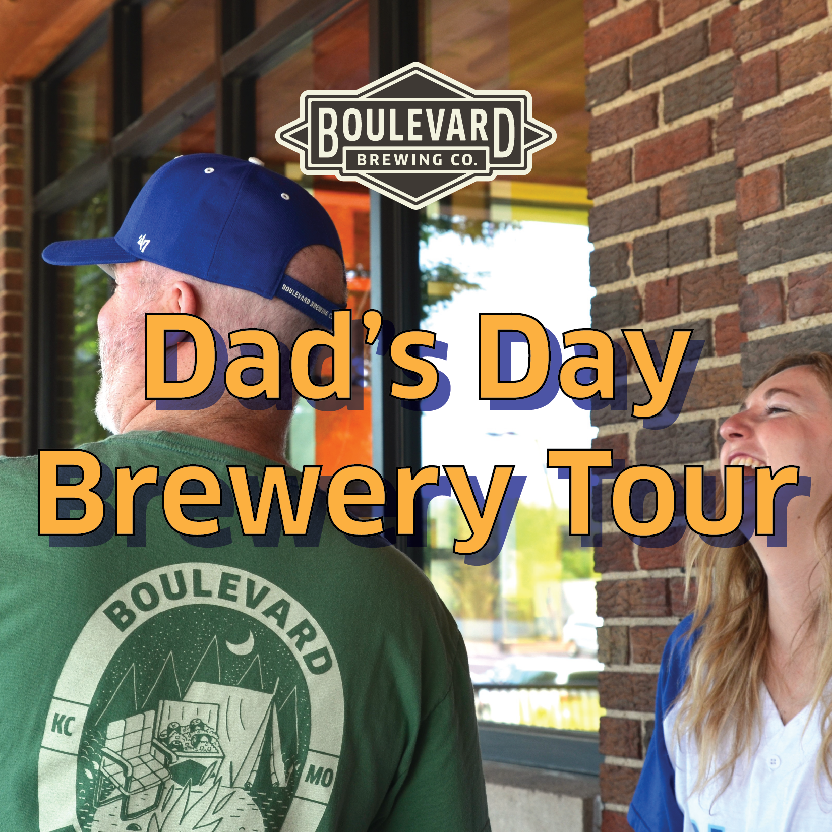 An image promoting the "Dad's Day Brewery Tour" by Boulevard Brewing Co. A man in a green shirt with the brewery's logo and a blue cap stands next to a smiling woman in a white and blue shirt. The brewery logo is prominently displayed.