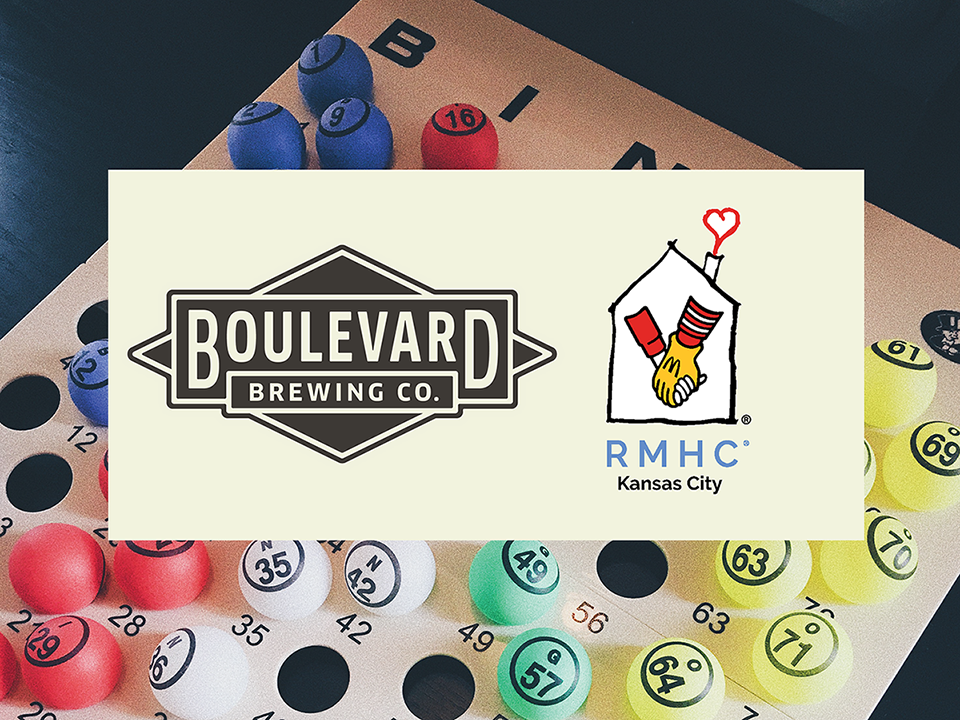 A bingo card and bingo balls form the background. In the foreground are two logos: one for Boulevard Brewing Co. and another for Ronald McDonald House Charities (RMHC) of Kansas City, featuring a house with a heart and hands.