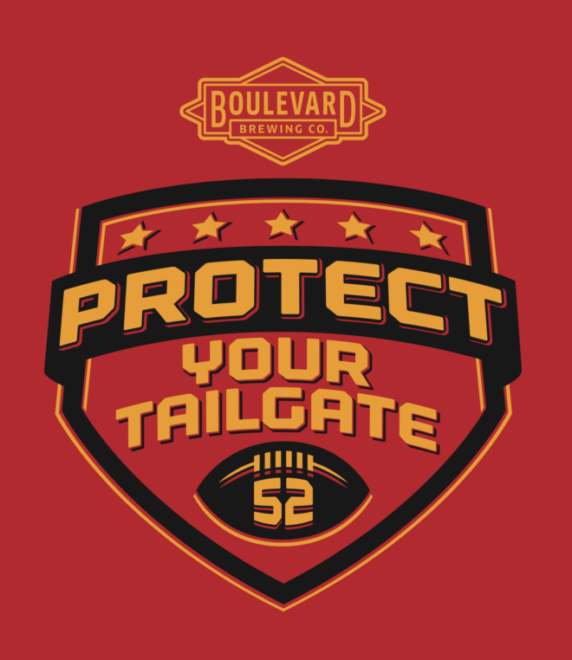 A red and black graphic with Boulevard Brewing Co. logo at the top. Below, a badge with five stars and a football design contains the text "Protect Your Tailgate." The football has the number 52 on it.