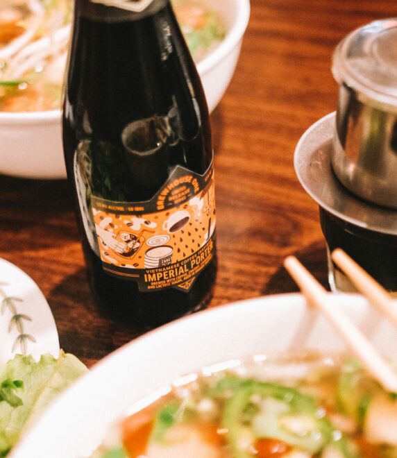 Vietnamese Coffee Inspired Imperial Porter with bowls of PHO