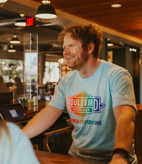 Boulevard bartender in Pride shirt