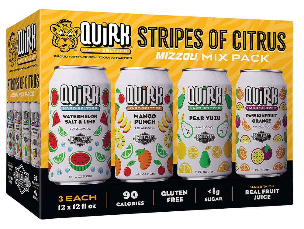 A 12-pack of Quirk Hard Seltzer “Stripes of Citrus” Mizzou Mix Pack featuring cans of Watermelon Salt & Lime, Mango Punch, Pear Yuzu, and Passionfruit Orange on a colorful, fruit-themed box.