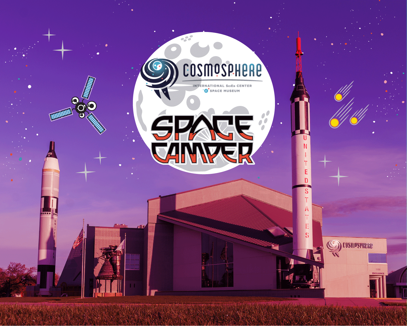 Cosmosphere building with two large rockets outside, under a purple sky with cartoon satellites, planets, and comets. Centered logo: “Cosmosphere Space Camper.”.