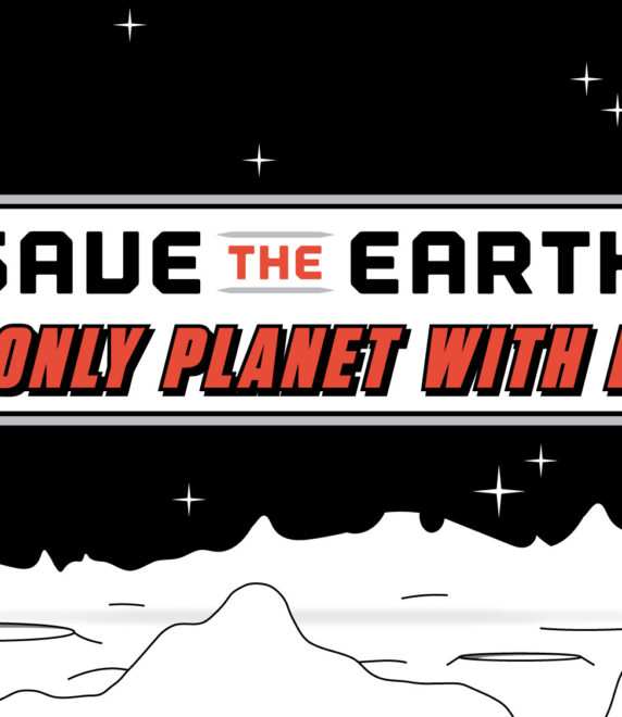 A stylized space-themed image with planets and stars, featuring the text "Save the Earth, the only planet with beer". The background is black with white outlines of moons and rocky surfaces, accented with red and gray planets.