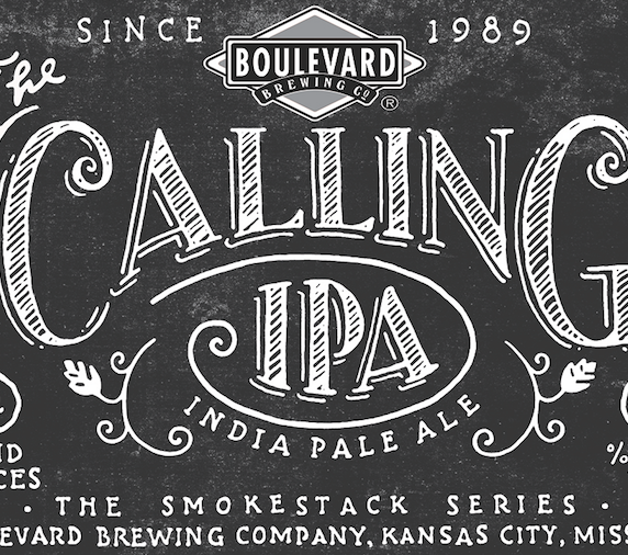 Chalkboard-style label for The Calling IPA by Boulevard Brewing Co. with ornate lettering. It includes details: "Since 1989," "12 fluid ounces," "8.5% Alc/Vol," and "Boulevard Brewing Company, Kansas City, Missouri.