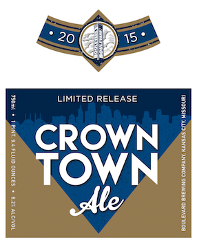 Label design for Crown Town Ale, a limited release from Boulevard Brewing Company, Kansas City, Missouri. It includes the year 2015, bottle capacity of 750ml, equivalent to 1 pint 9.4 fluid ounces with 6% alcohol.