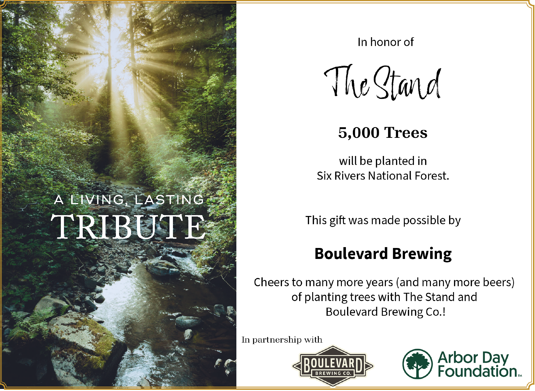 A tribute certificate with a sunlit forest stream on the left and text on the right honoring The Stand for planting 5,000 trees in Six Rivers National Forest, sponsored by Boulevard Brewing and Arbor Day Foundation.