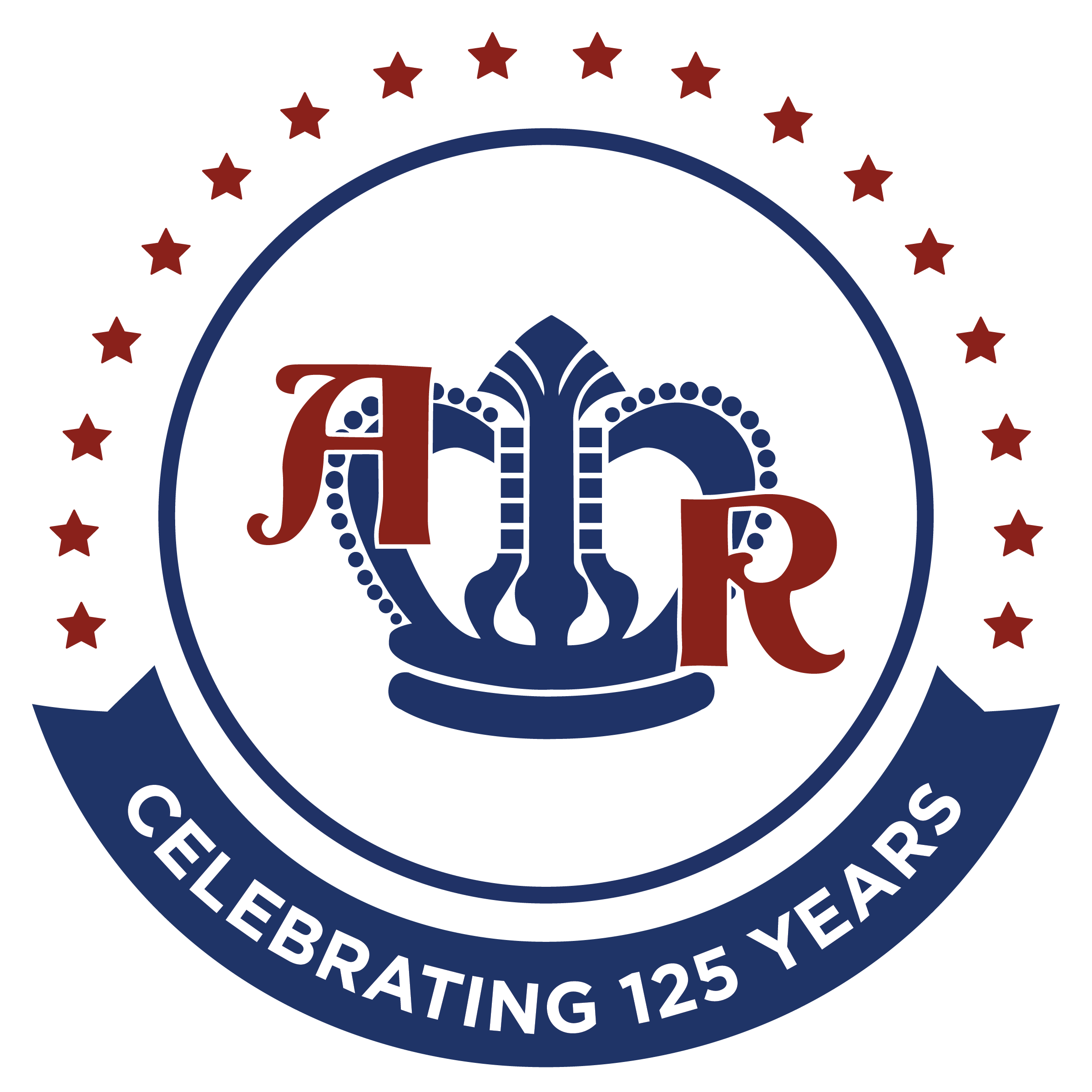 A circular emblem about a storied legacy features a stylized crown with the letters "A" and "R." It is encircled by red stars, while a blue ribbon beneath proudly reads, "Celebrating 125 Years.