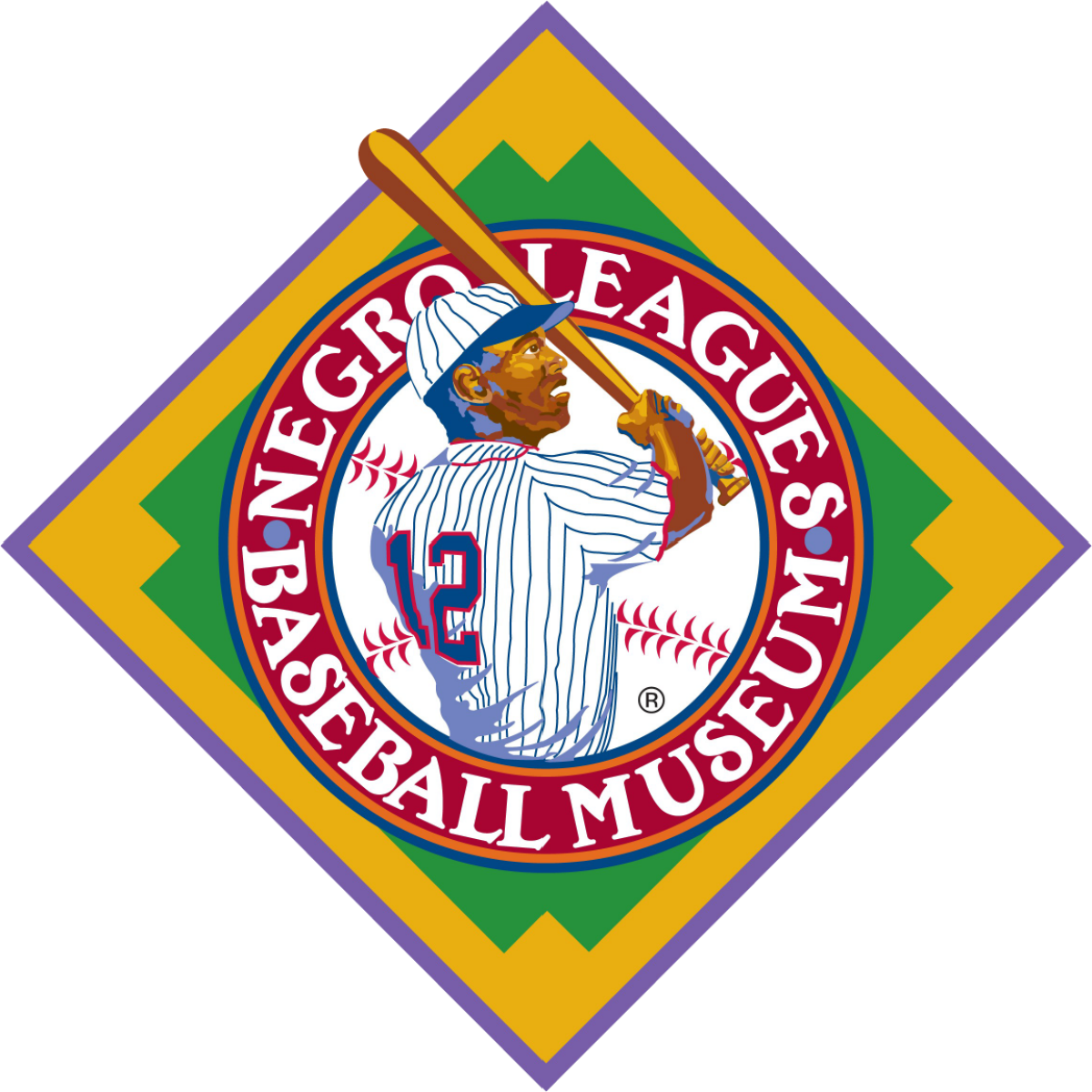 The logo of the Negro Leagues Baseball Museum, designed within a diamond shape, features a baseball player in a striped uniform holding a bat. The circular background of baseballs and the museum's name encircles the player, telling a story about this historic legacy.