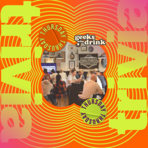 People sitting at tables in a bar, playing trivia. Bold, colorful text says "Thursday Night Trivia," "geeks who drink," and "free to play • 6 pm," with a bright, wavy background in orange, pink, and yellow tones.