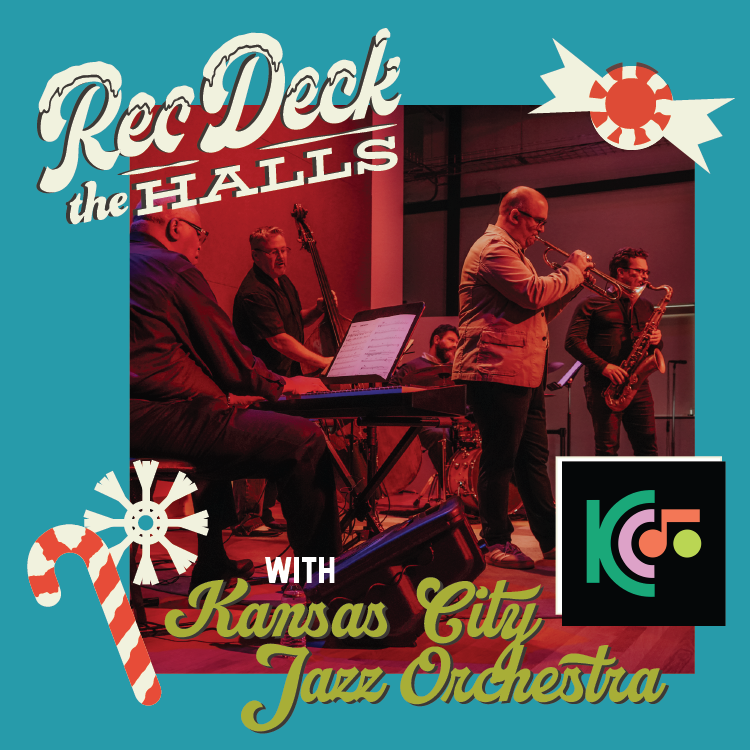 a graphic square including a photo of jazz musicians playing music on a stage