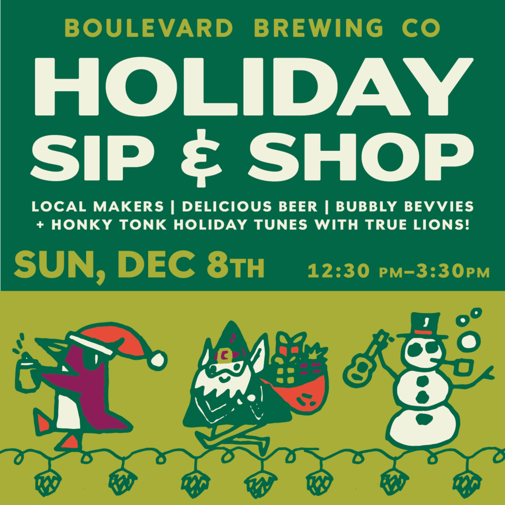 Graphic showing illustrated holiday figures and text describing a Holiday Sip & Shop