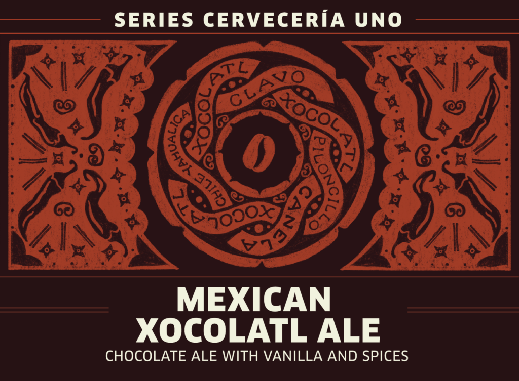 Label design for Mexican Xocolatl Ale, featuring a symmetrical, intricate pattern with cocoa and spice motifs. Text reads: "Series Cervecería Uno, Chocolate Ale with Vanilla and Spices." The design has a bold, earthy palette.