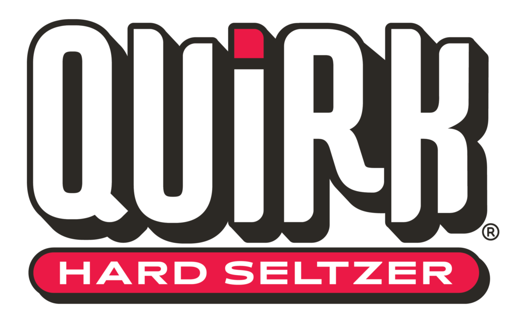 The image shows the logo for Quirk Hard Seltzer, featuring bold, white uppercase letters spelling "QUIRK" with a red dot above the "I" and "HARD SELTZER" in white text on a red background beneath it.