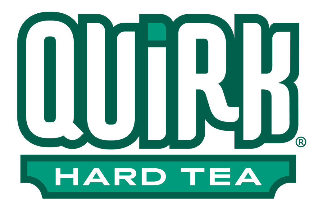 The image shows the logo of "Quirk Hard Tea." The word "QUIRK" is in large white letters with a green outline above a green rectangular banner with the words "HARD TEA" in white capital letters.