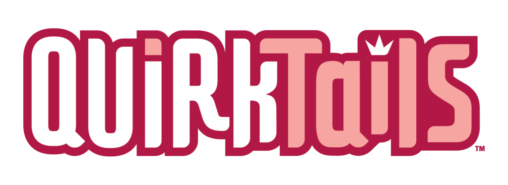The image shows the word "QuirkTails" in a bold, playful font. The letters are predominantly red and pink, with a small crown accent on the "i".