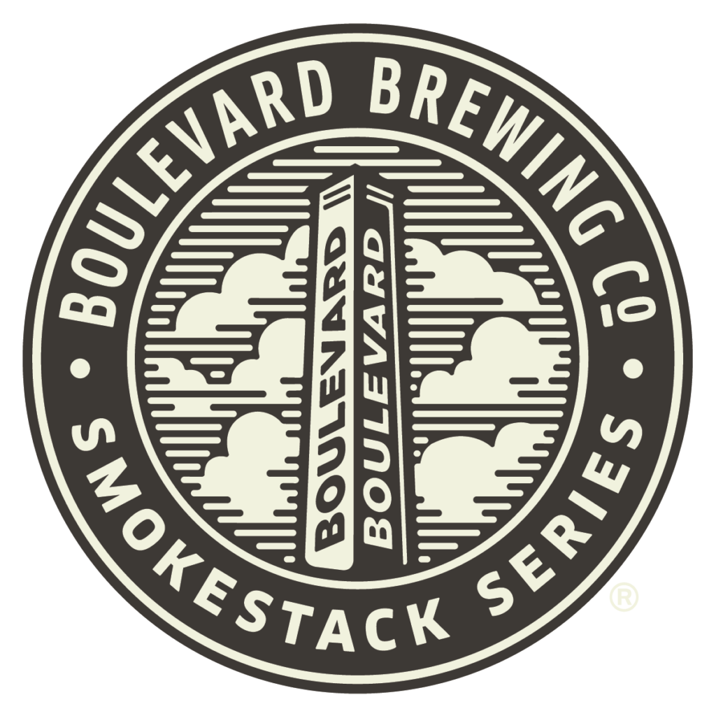 Logo of Boulevard Brewing Co. Smokestack Series. Features a tower with the word "Boulevard" repeated on it, surrounded by stylized clouds and sun rays with a circular border containing the text. Design uses a monochromatic color scheme.